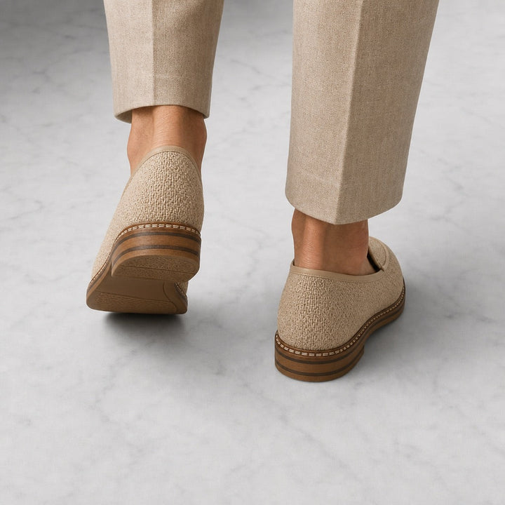 Sand Raffia Leather-Lined Loafers worn back view