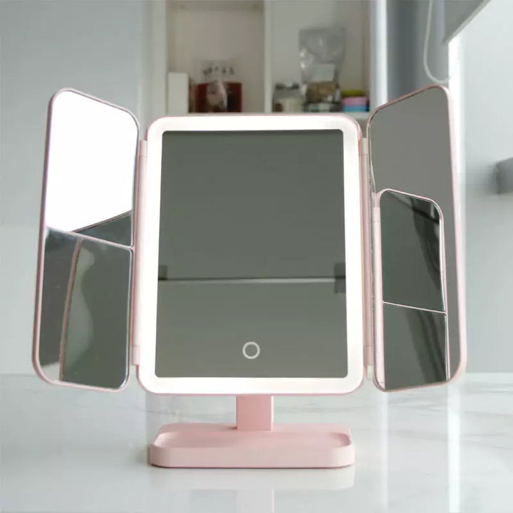 Foldable LED Vanity Mirror with Triple Lighting, Magnification, USB-C Charging