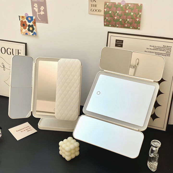Foldable LED Vanity Mirror with Triple Lighting, Magnification, USB-C Charging