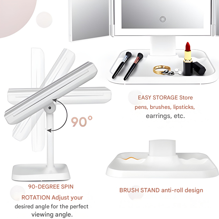 Foldable LED Vanity Mirror with Triple Lighting, Magnification, USB-C Charging