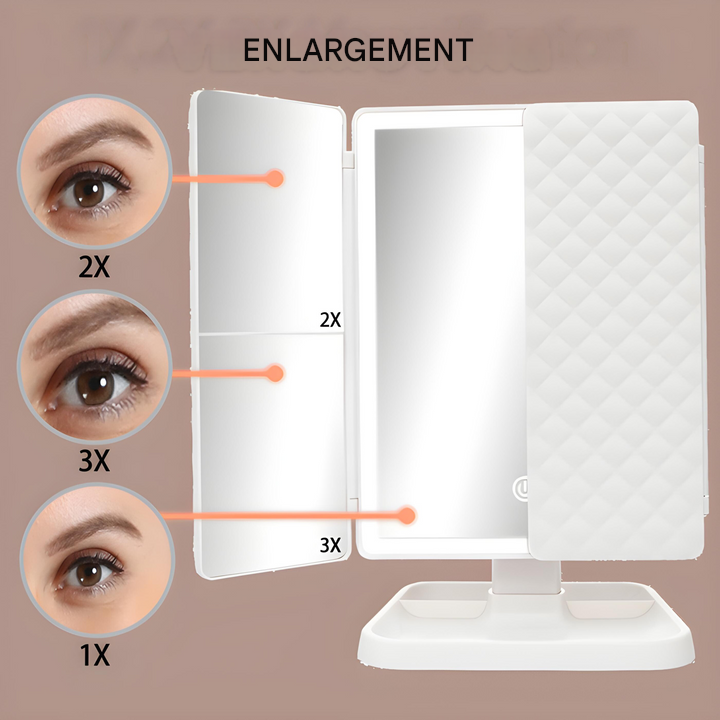 Foldable LED Vanity Mirror with Triple Lighting, Magnification, USB-C Charging