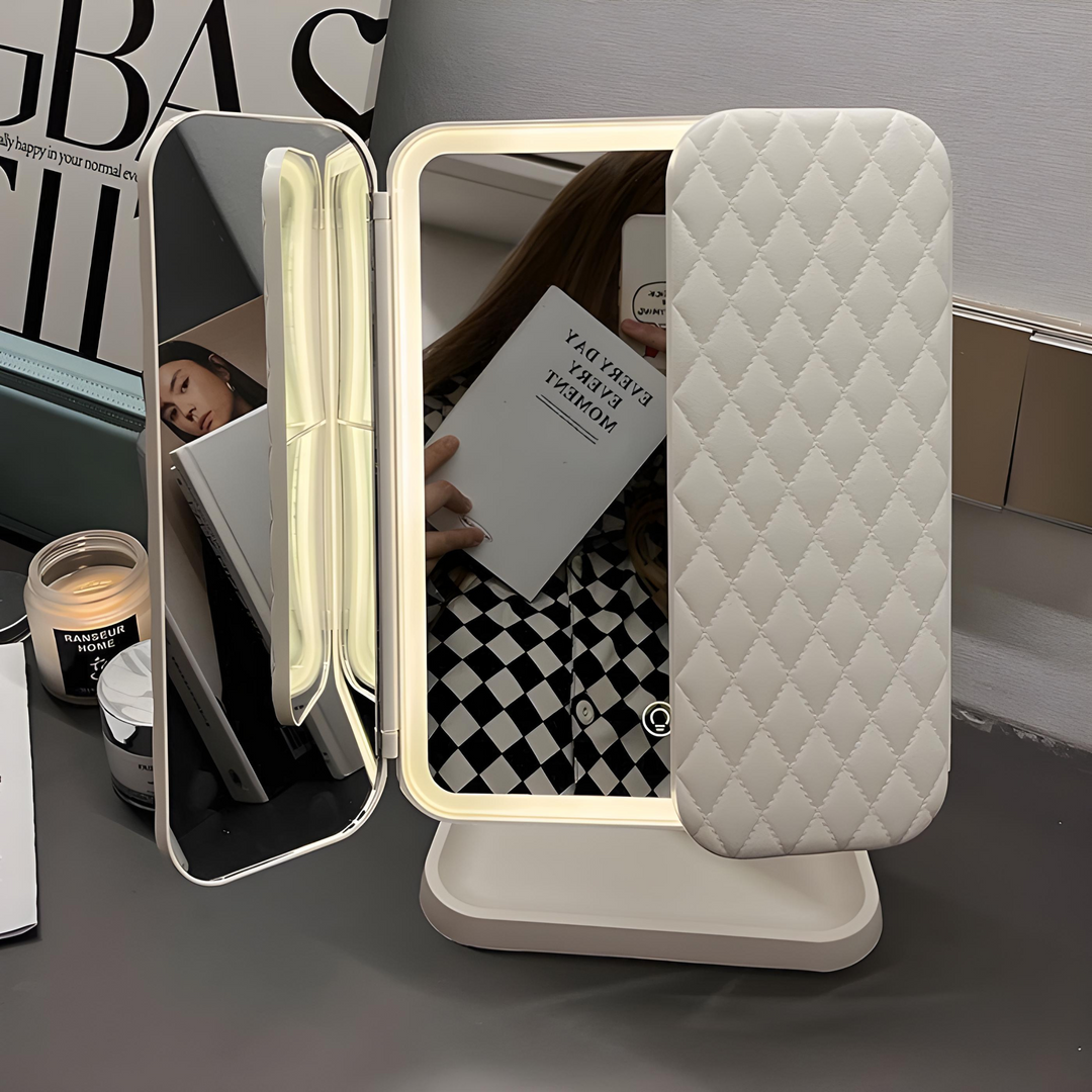 Foldable LED Vanity Mirror with Triple Lighting, Magnification, USB-C Charging