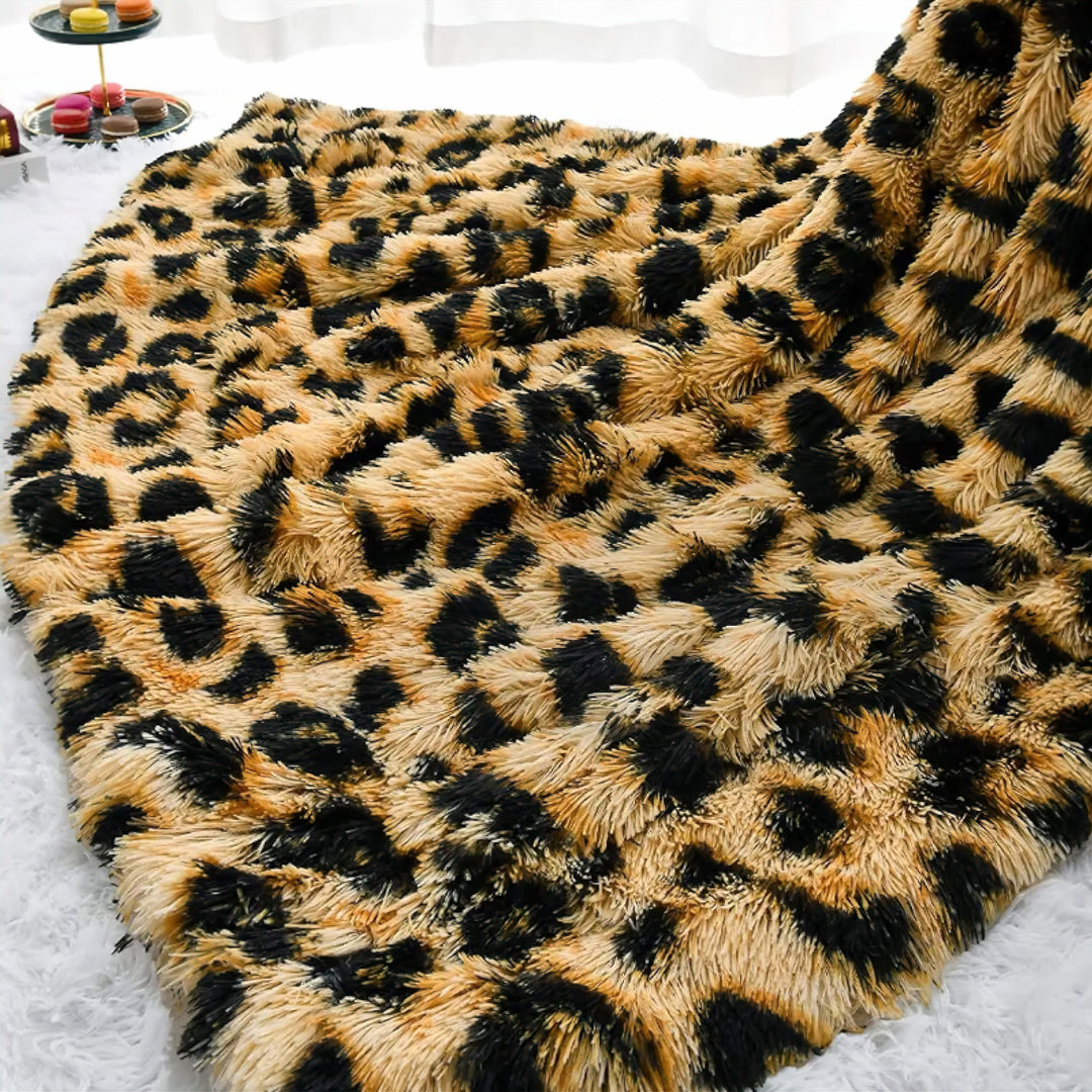 Leopard Print Faux Fur Throw on bed lifestyle
