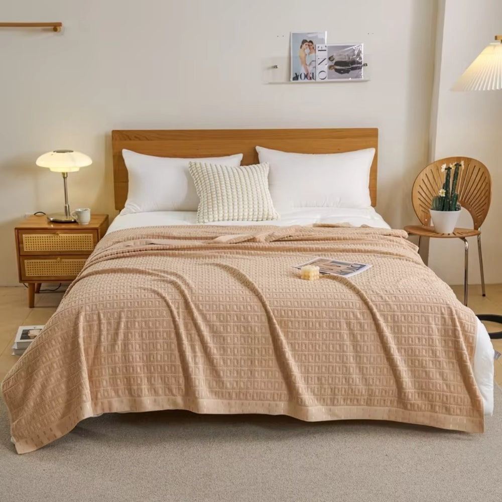 Beige Lightweight Cotton Waffle Bed Blanket on bed front view