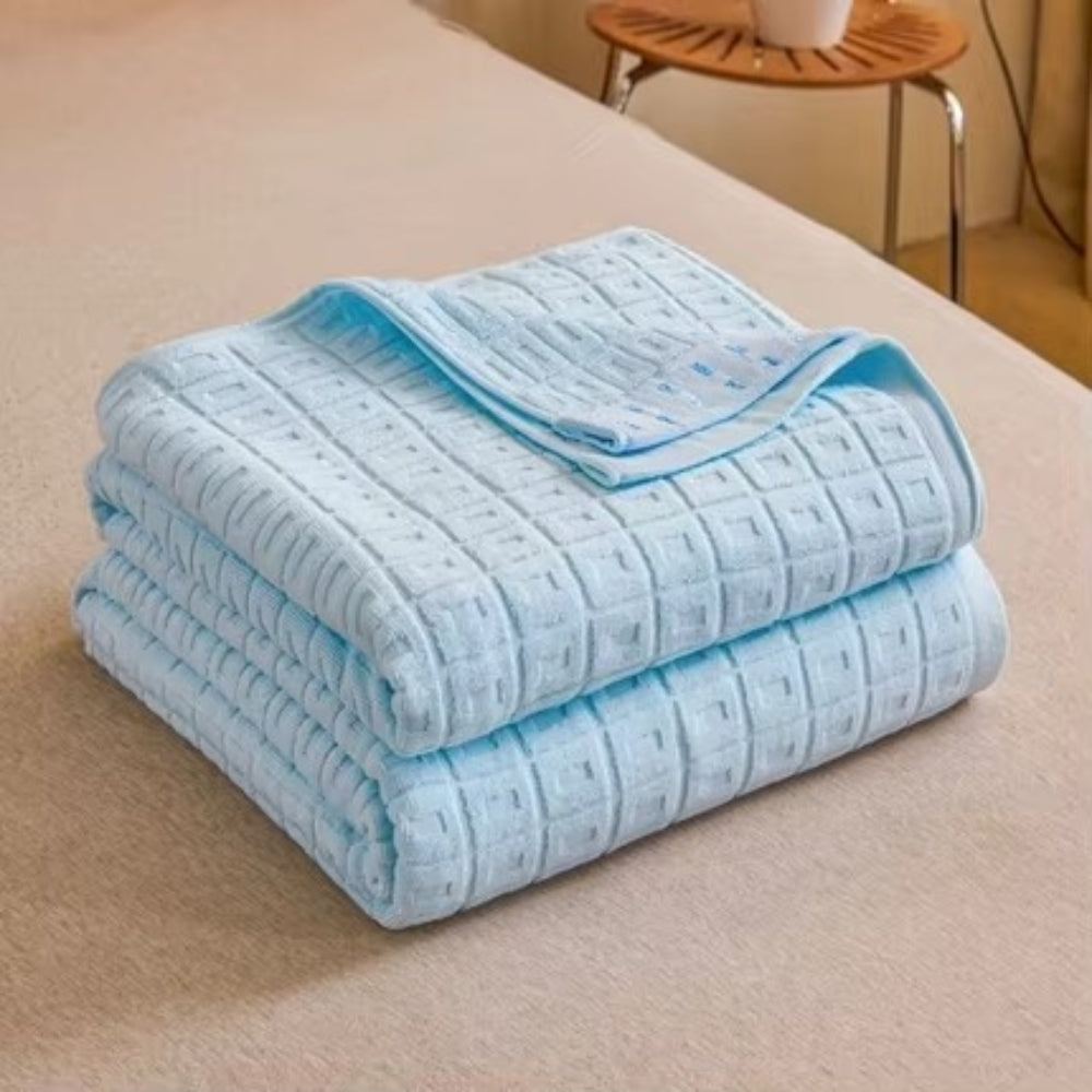 Light Blue Cotton Waffle Bed Blanket folded waffle texture detail