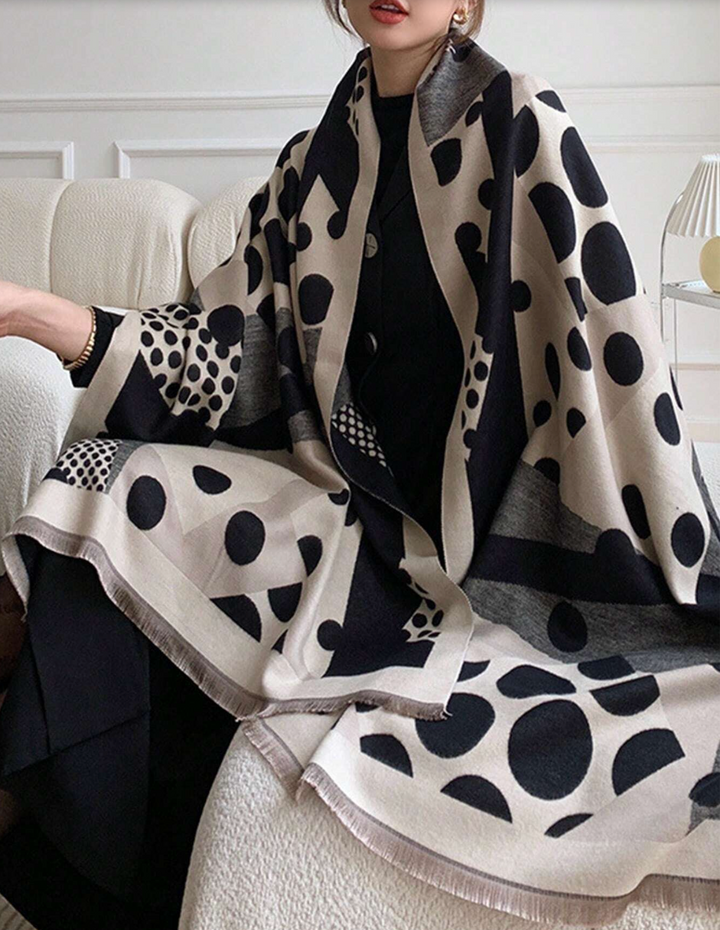 Style 1 Lightweight Graphic Print Scarf polka dot worn close view