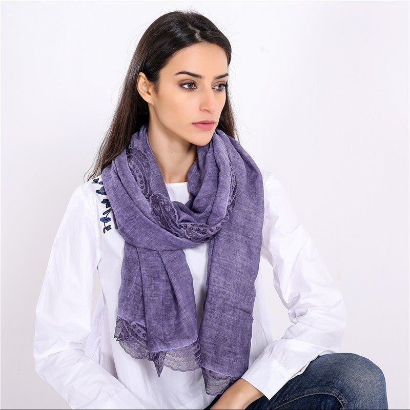 Purple Lightweight Linen Blend Lace-Trim Scarf worn lifestyle
