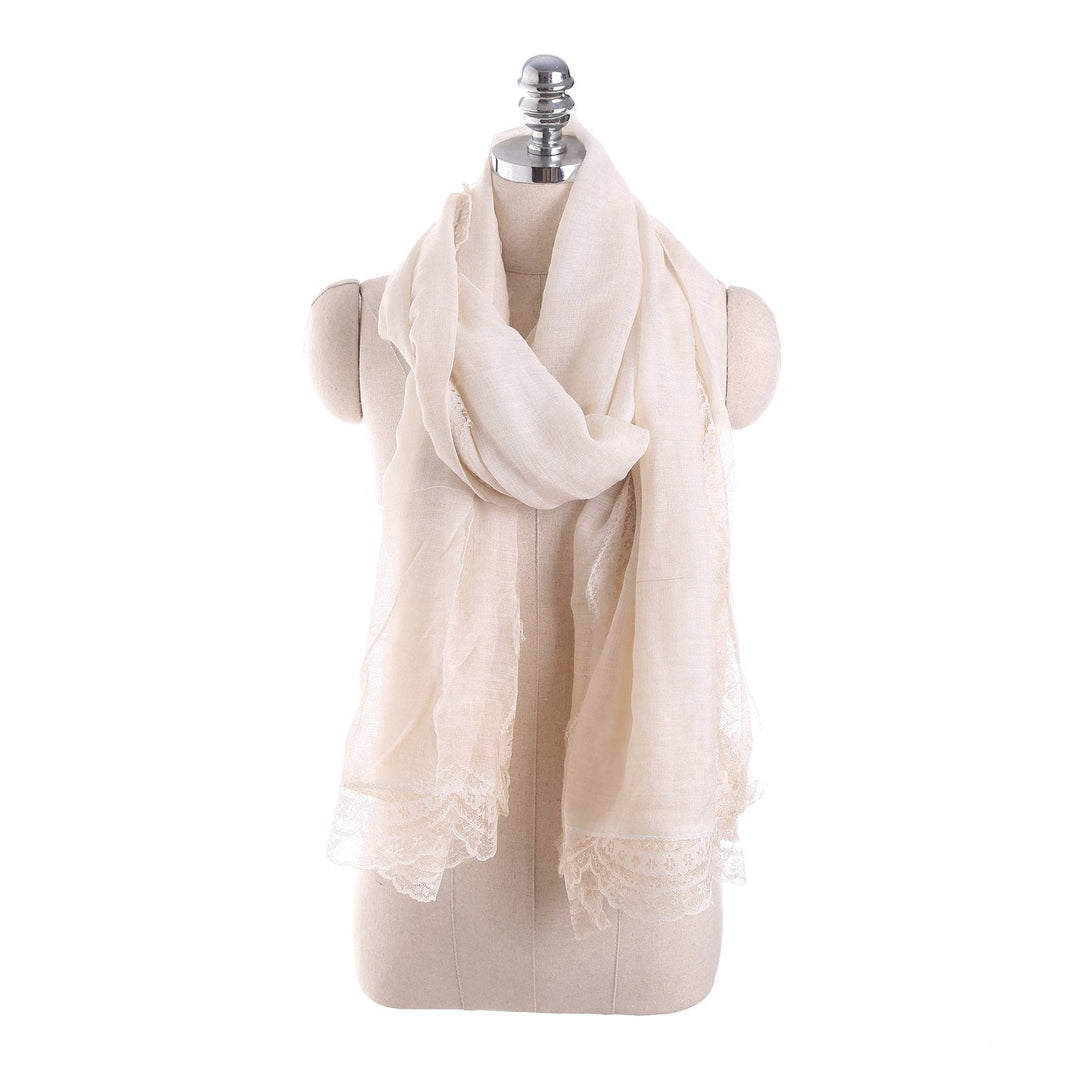 Beige Lightweight Linen Blend Lace-Trim Scarf on mannequin