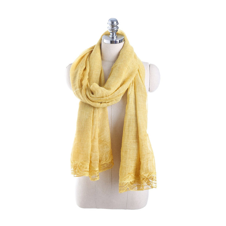 Yellow Lightweight Linen Blend Lace-Trim Scarf on mannequin