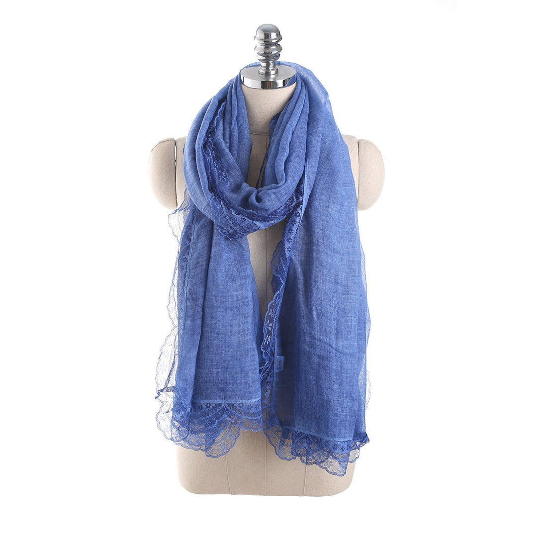 Royal Blue Lightweight Linen Blend Lace-Trim Scarf on mannequin
