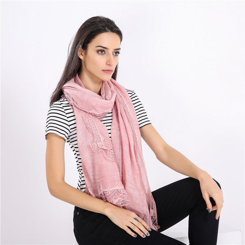 Lightweight Linen Blend Lace-Trim Scarf in pink worn lifestyle