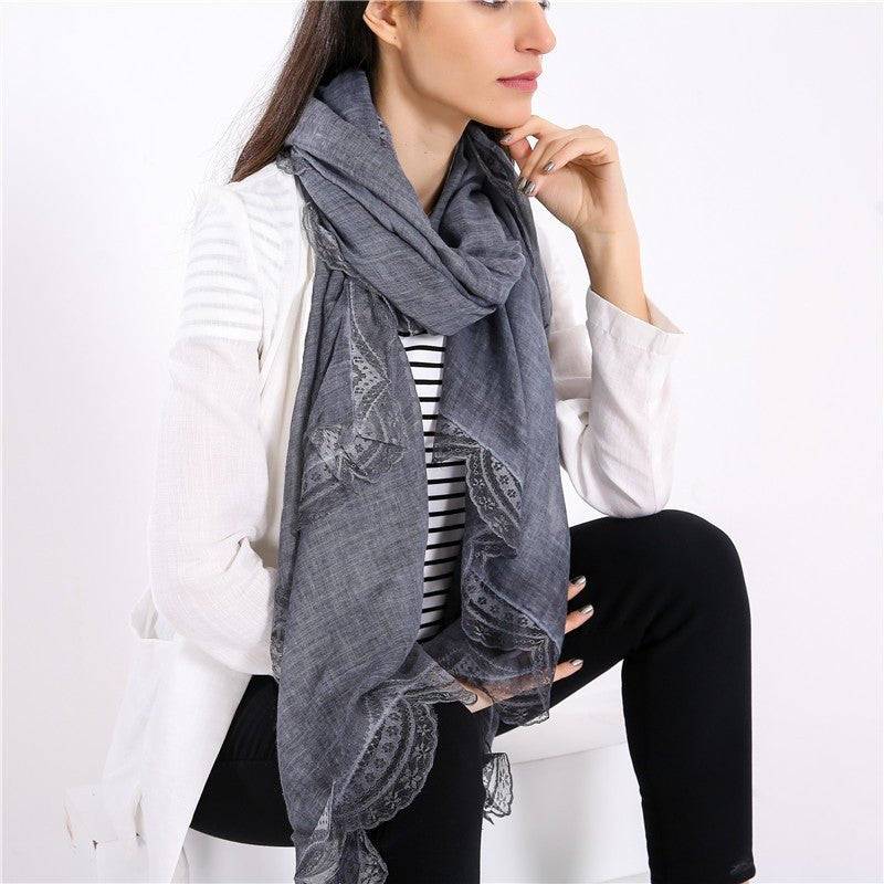 Dark Gray Lightweight Linen Blend Lace-Trim Scarf worn lifestyle