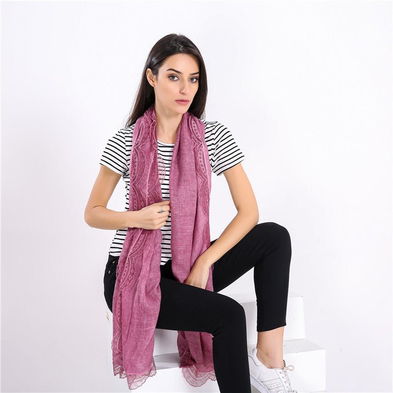 Purple Red Lightweight Linen Blend Lace-Trim Scarf worn lifestyle