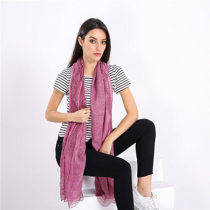 Purple Red Lightweight Linen Blend Lace-Trim Scarf worn lifestyle