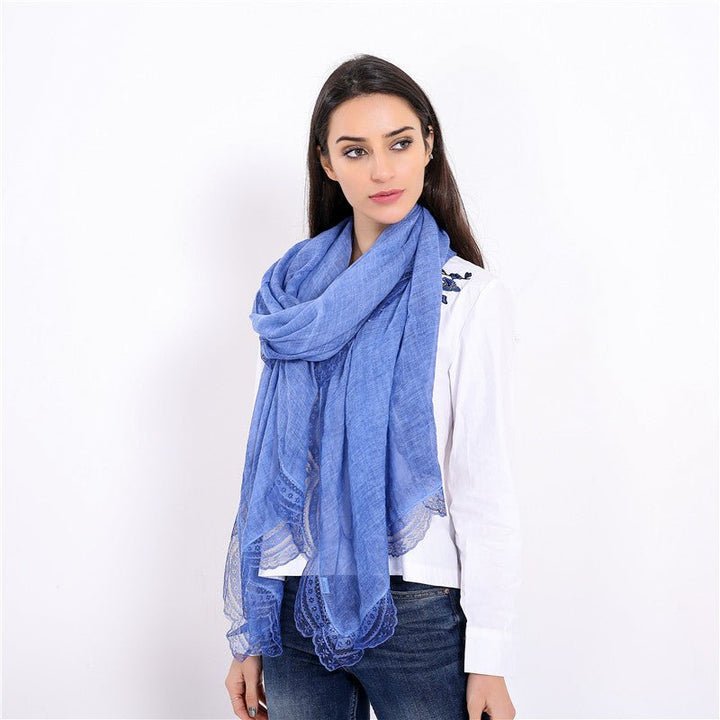 Royal Blue Lightweight Linen Blend Lace-Trim Scarf worn lifestyle
