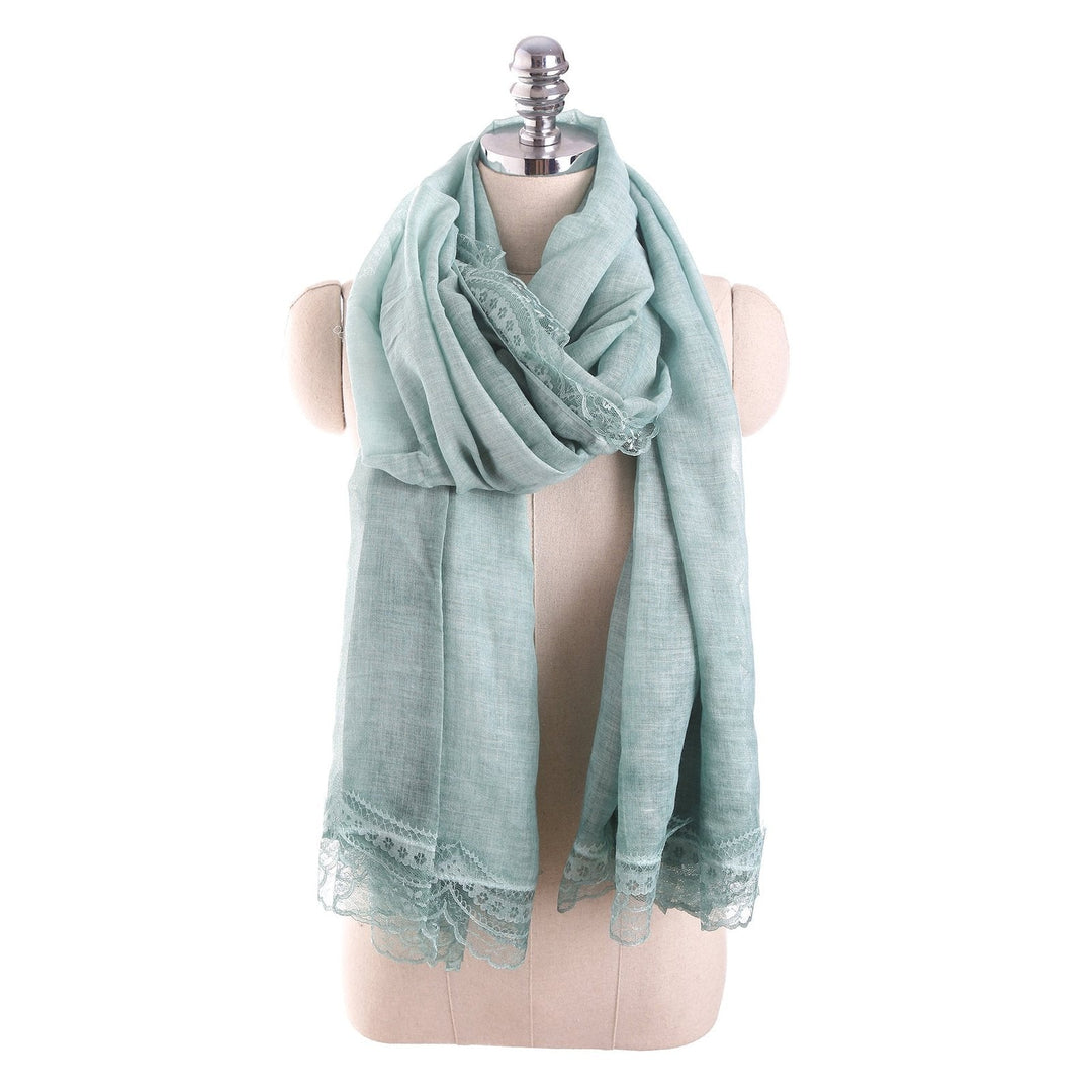 Pea Green Lightweight Linen Blend Lace-Trim Scarf on mannequin