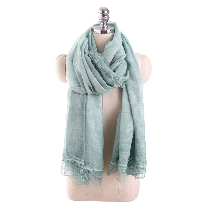 Pea Green Lightweight Linen Blend Lace-Trim Scarf on mannequin