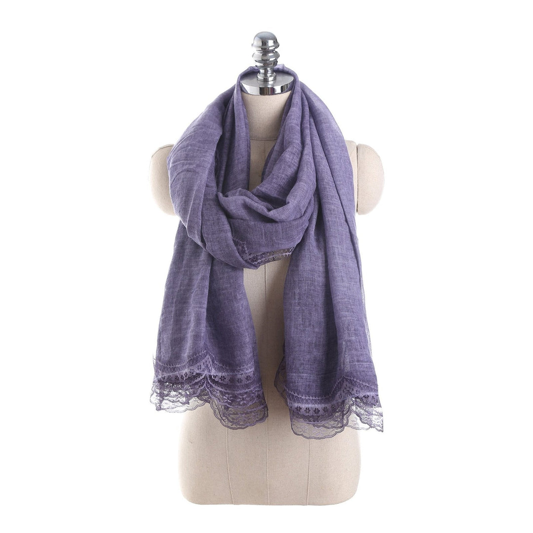 Purple Lightweight Linen Blend Lace-Trim Scarf on mannequin