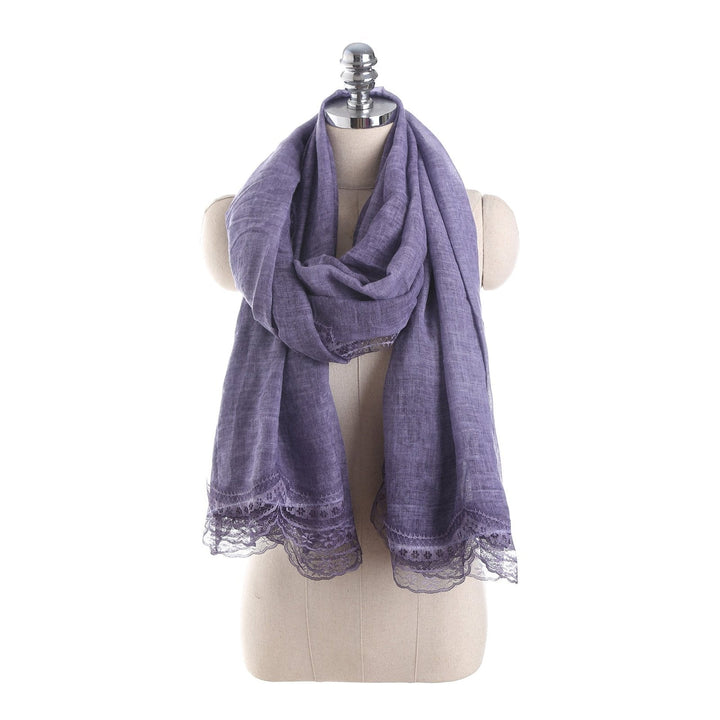 Purple Lightweight Linen Blend Lace-Trim Scarf on mannequin