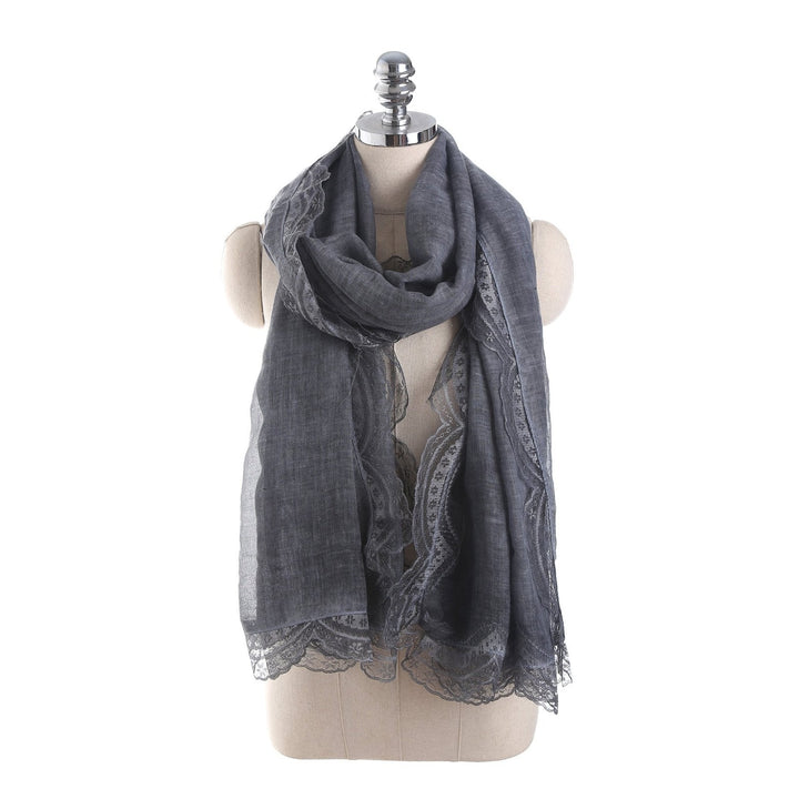 Dark Gray Lightweight Linen Blend Lace-Trim Scarf on mannequin