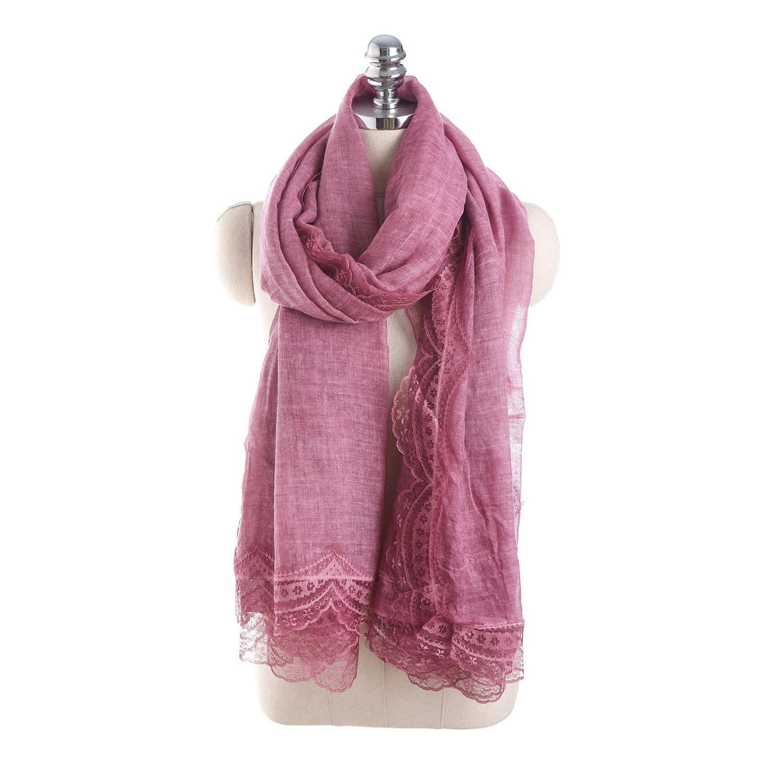 Purple Red Lightweight Linen Blend Lace-Trim Scarf on mannequin