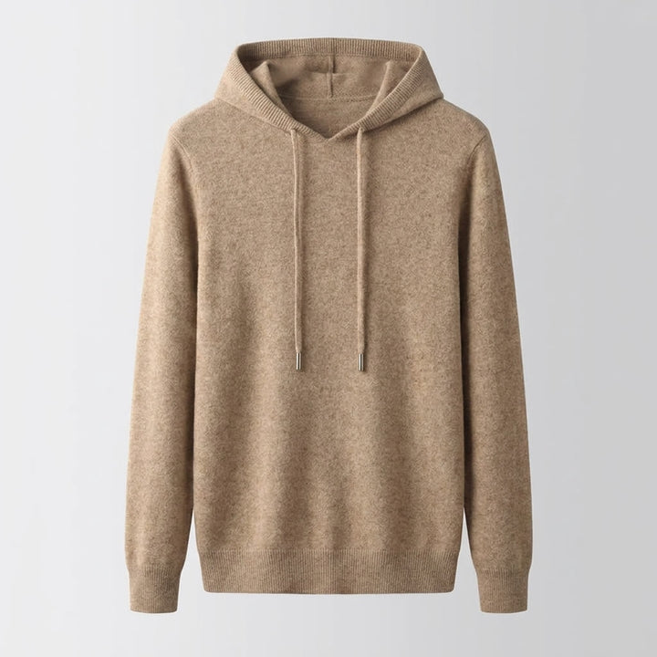 Beige Merino Wool Pullover Hoodie studio front view