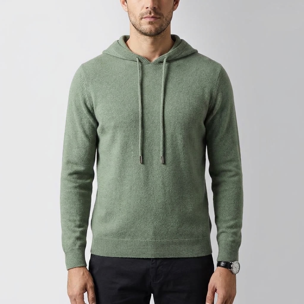 Green Merino Wool Pullover Hoodie worn studio view