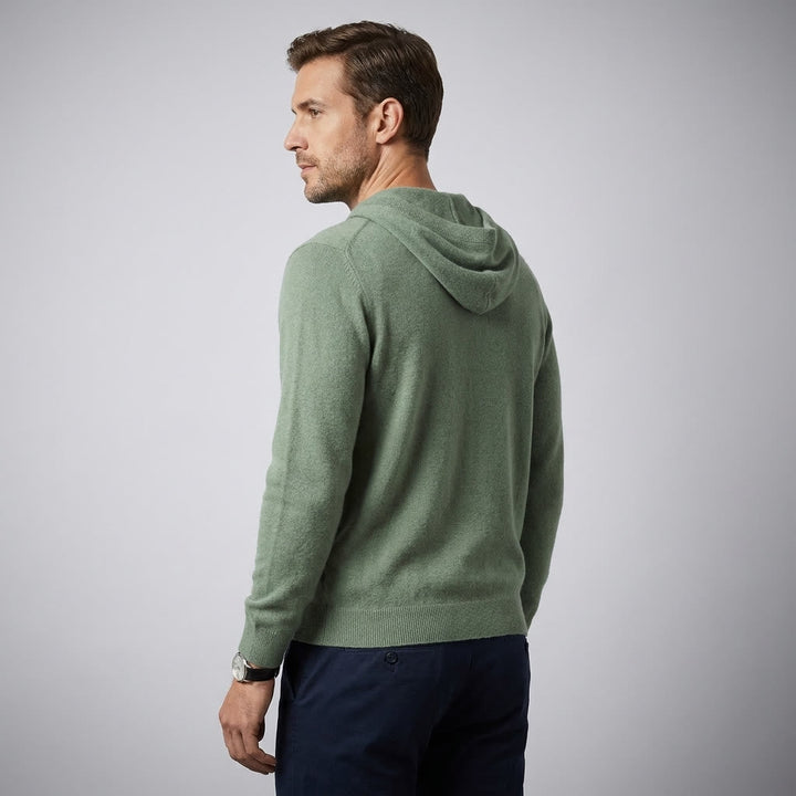 Green Merino Wool Pullover Hoodie worn studio angle