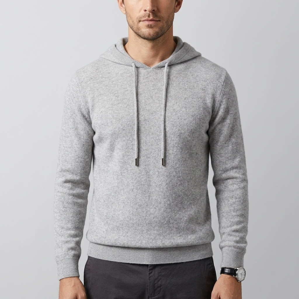 Grey Merino Wool Pullover Hoodie worn studio view