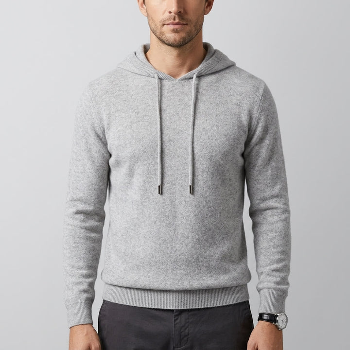 Grey Merino Wool Pullover Hoodie worn studio view