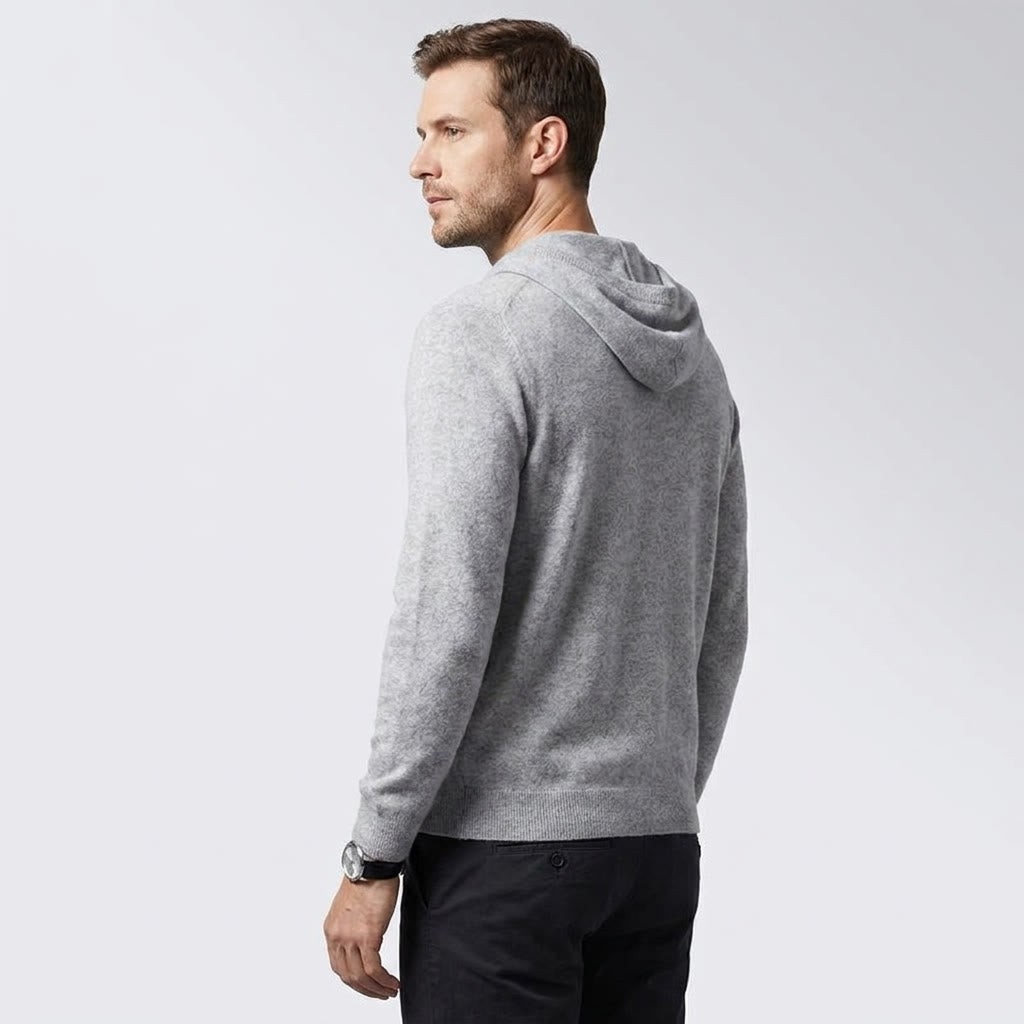 Grey Merino Wool Pullover Hoodie worn studio angle