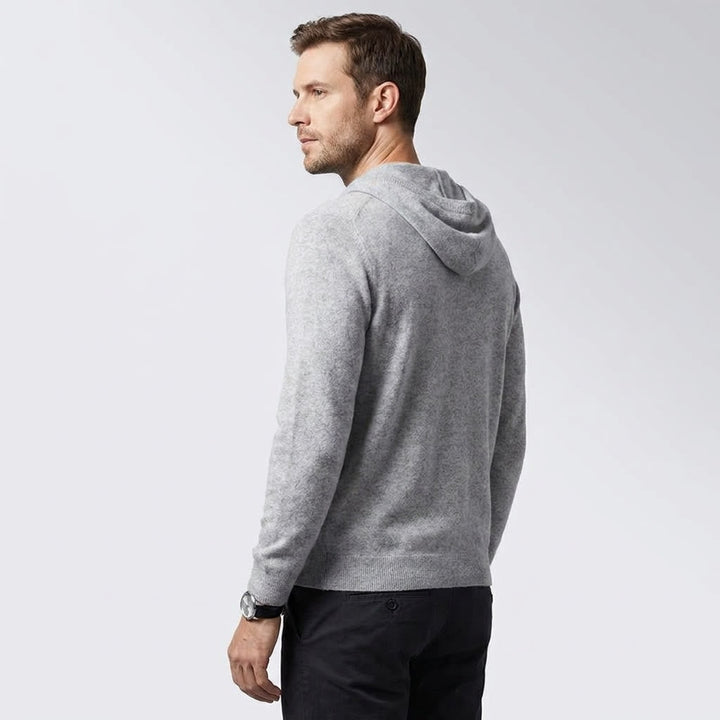 Grey Merino Wool Pullover Hoodie worn studio angle