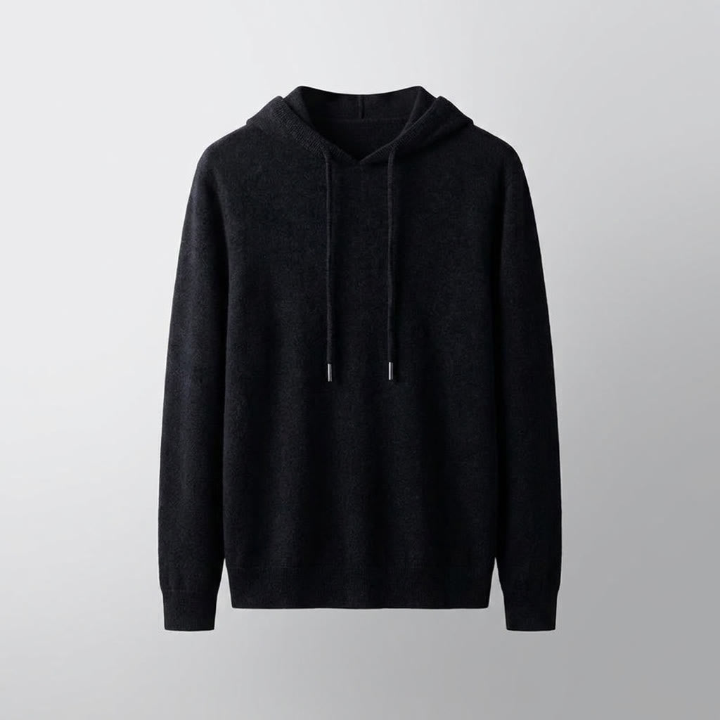 Black Merino Wool Pullover Hoodie studio front view