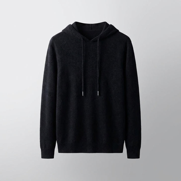 Black Merino Wool Pullover Hoodie studio front view