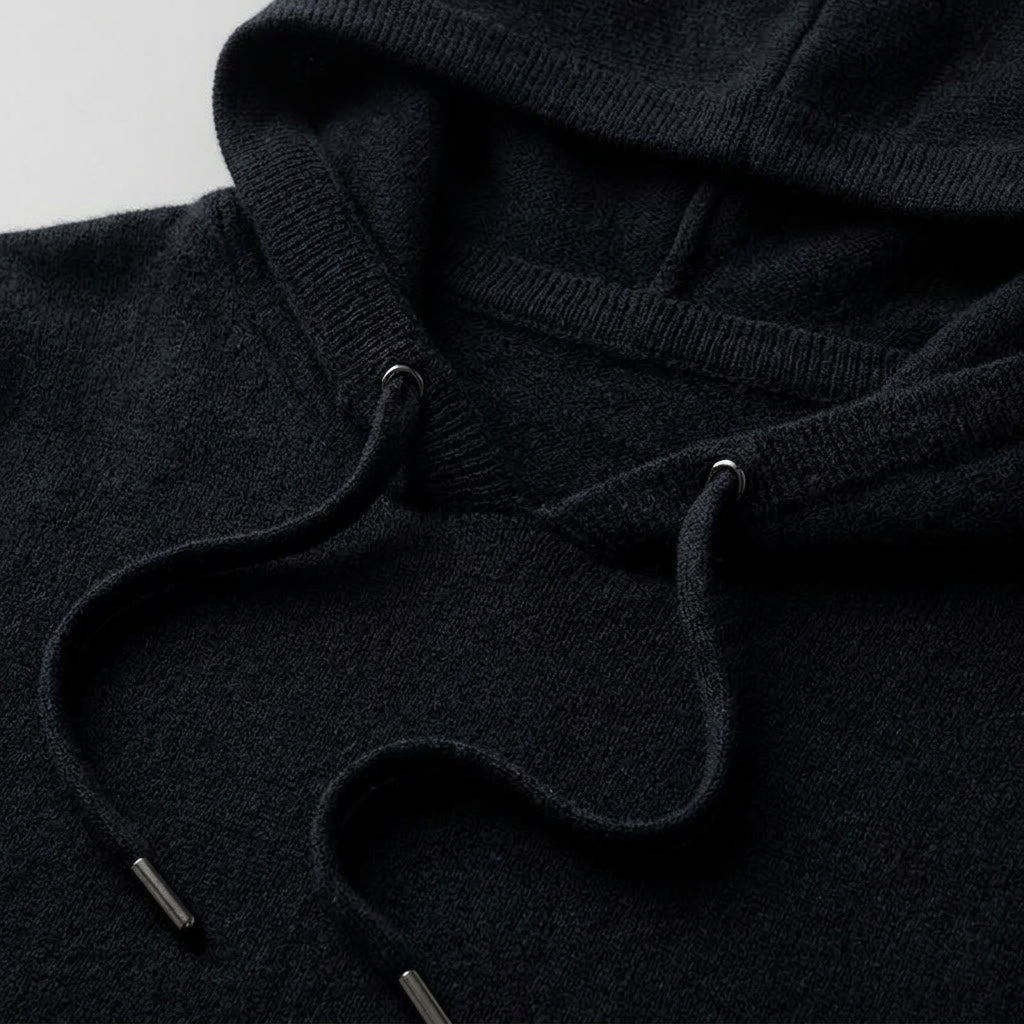 Black Merino Wool Pullover Hoodie knit detail