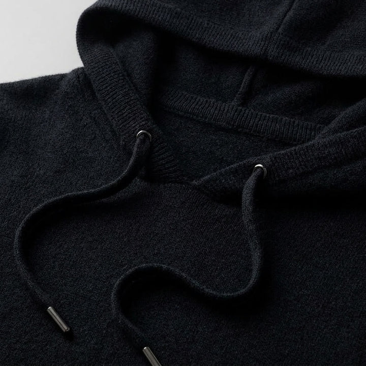 Black Merino Wool Pullover Hoodie knit detail