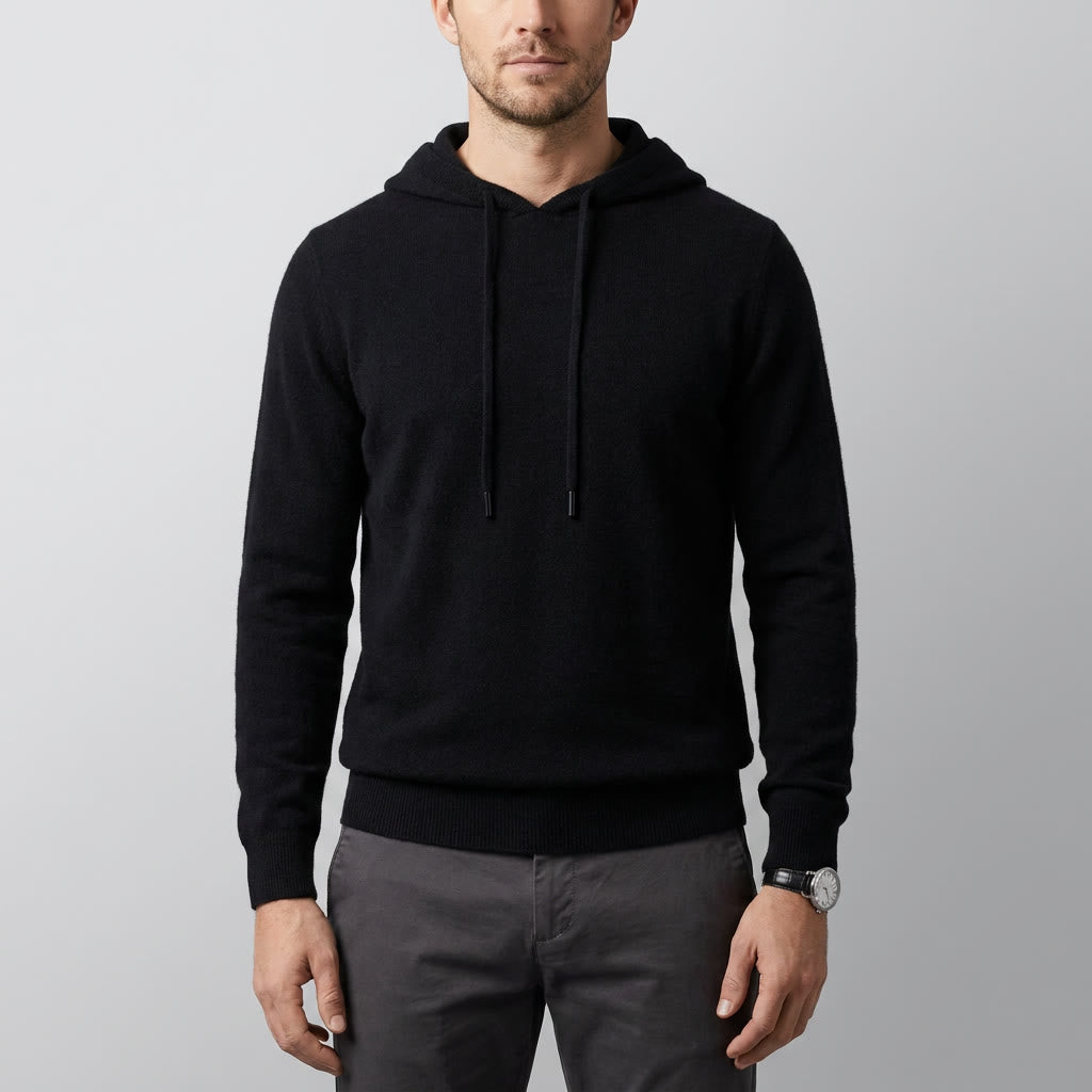 Black Merino Wool Pullover Hoodie worn studio view