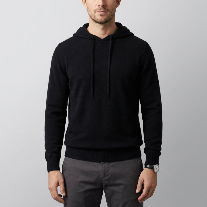 Black Merino Wool Pullover Hoodie worn studio view