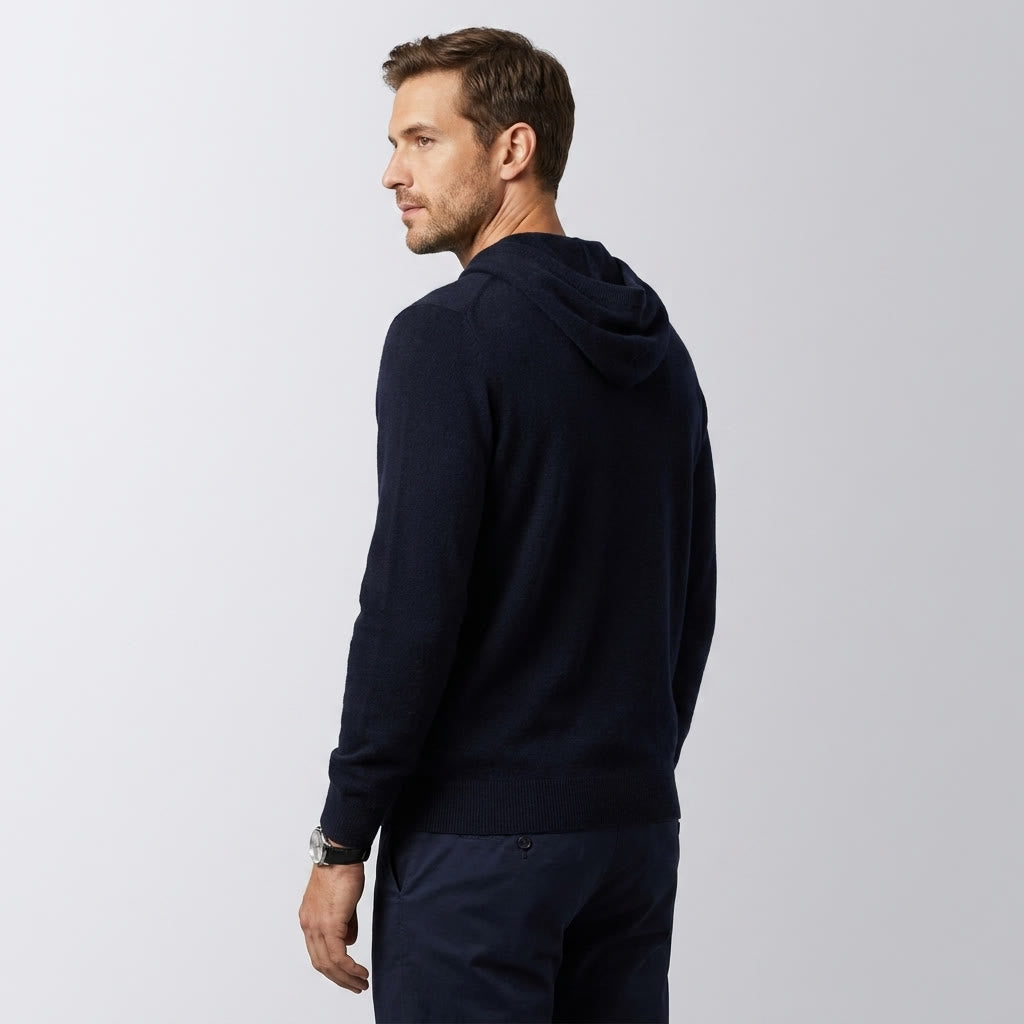 Black Merino Wool Pullover Hoodie worn studio angle
