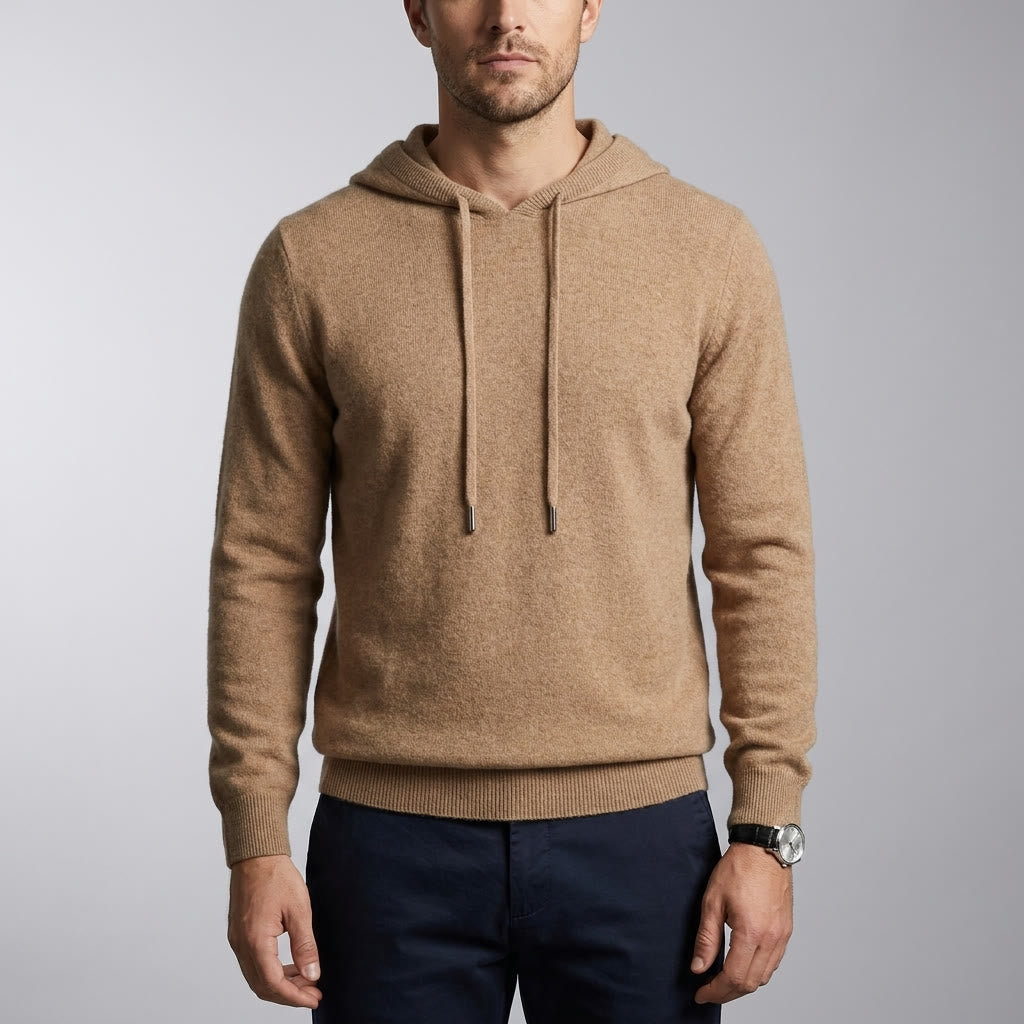 Beige Merino Wool Pullover Hoodie worn studio view