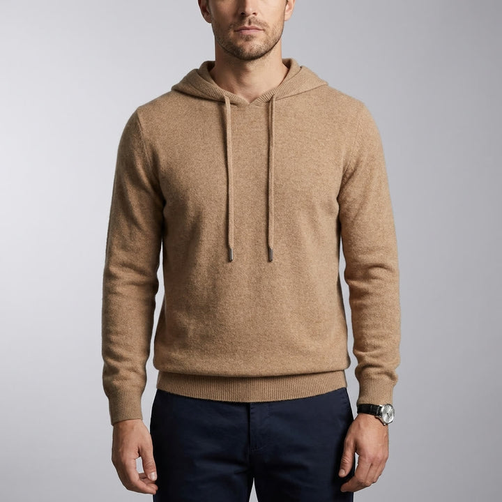 Beige Merino Wool Pullover Hoodie worn studio view