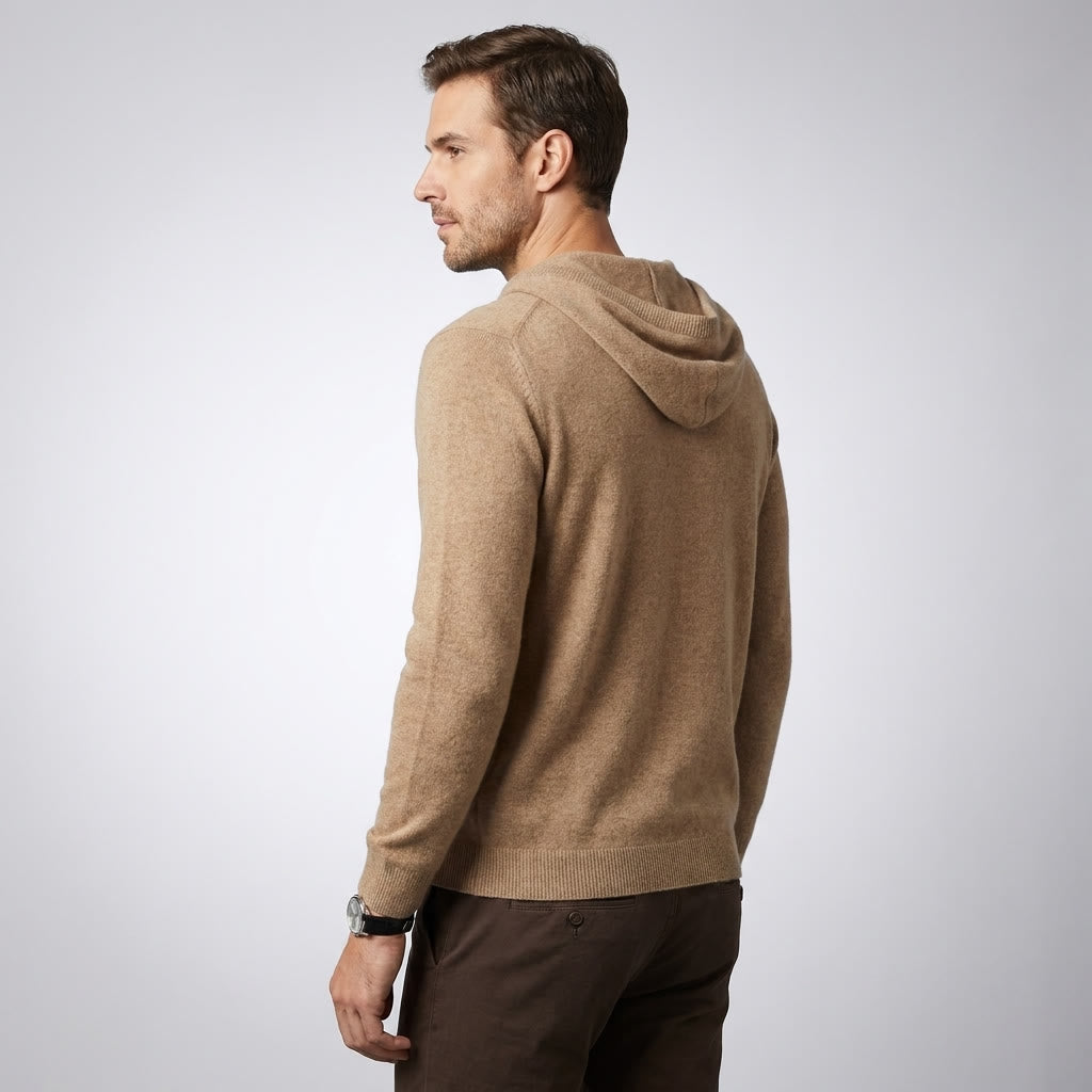 Beige Merino Wool Pullover Hoodie worn studio angle