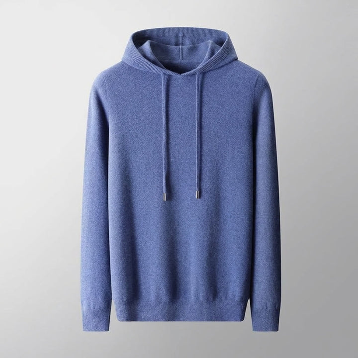 Blue Merino Wool Pullover Hoodie studio front view