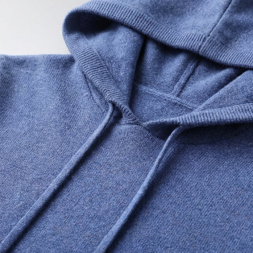 Blue Merino Wool Pullover Hoodie knit detail