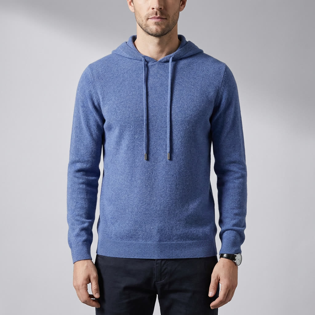 Blue Merino Wool Pullover Hoodie worn studio view