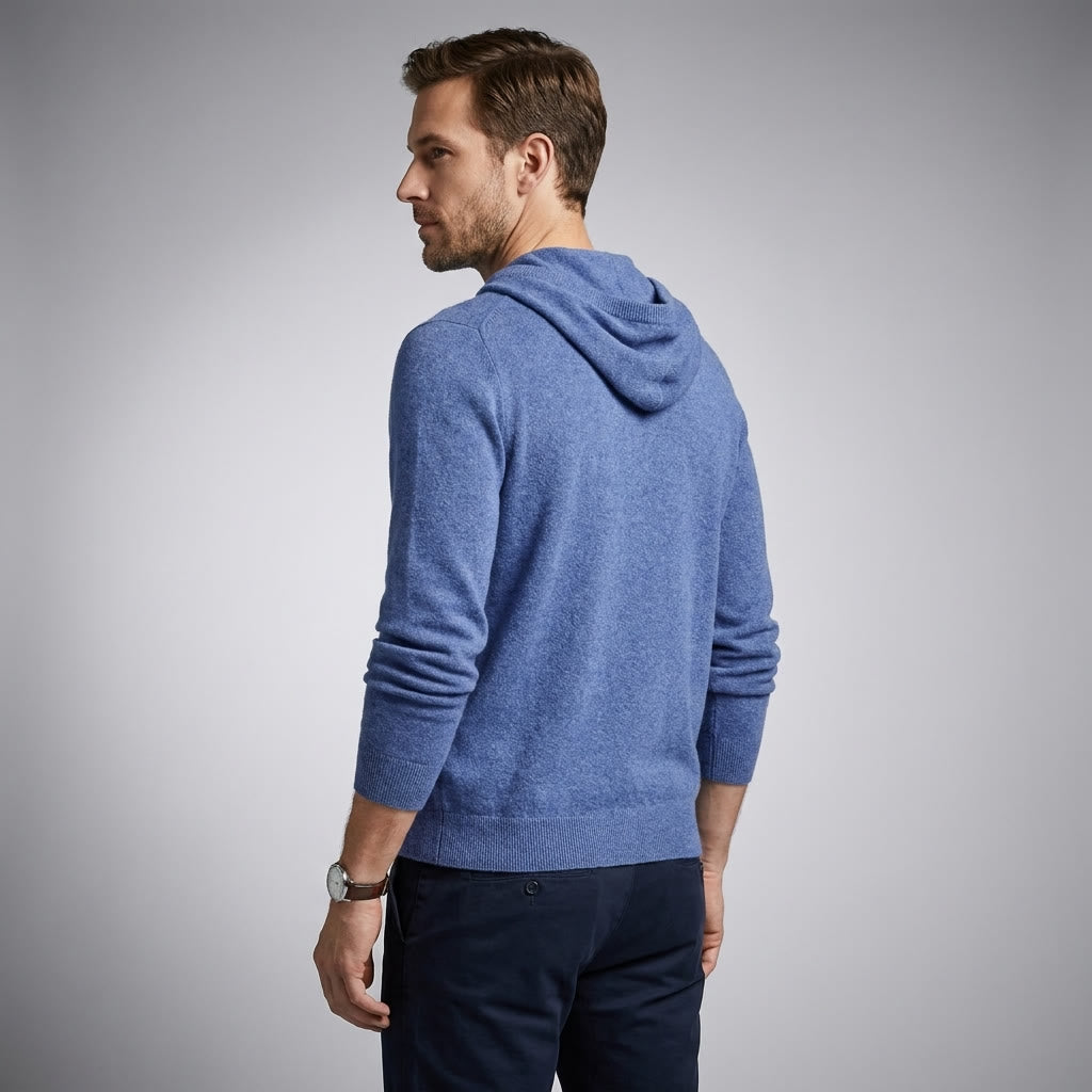 Blue Merino Wool Pullover Hoodie worn studio angle