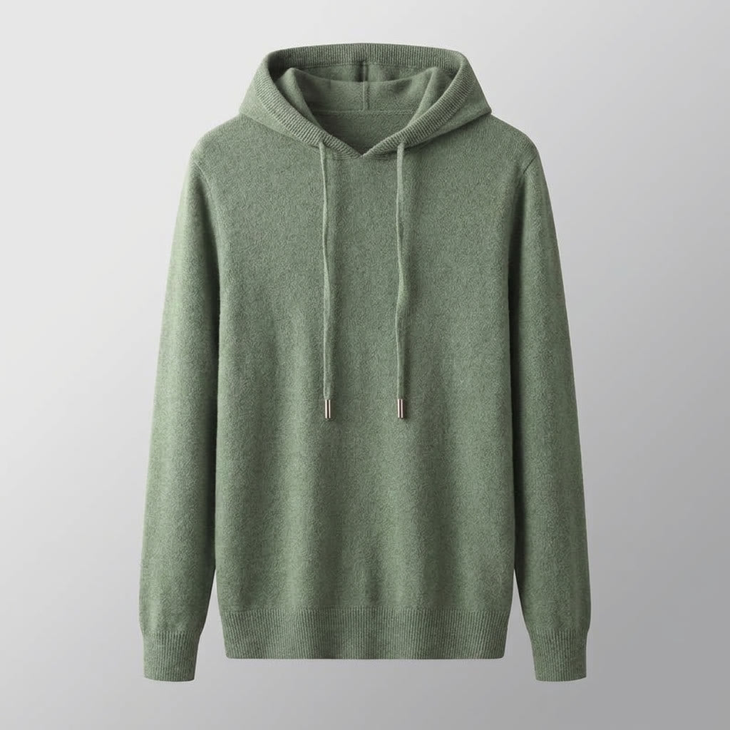 Green Merino Wool Pullover Hoodie studio front view