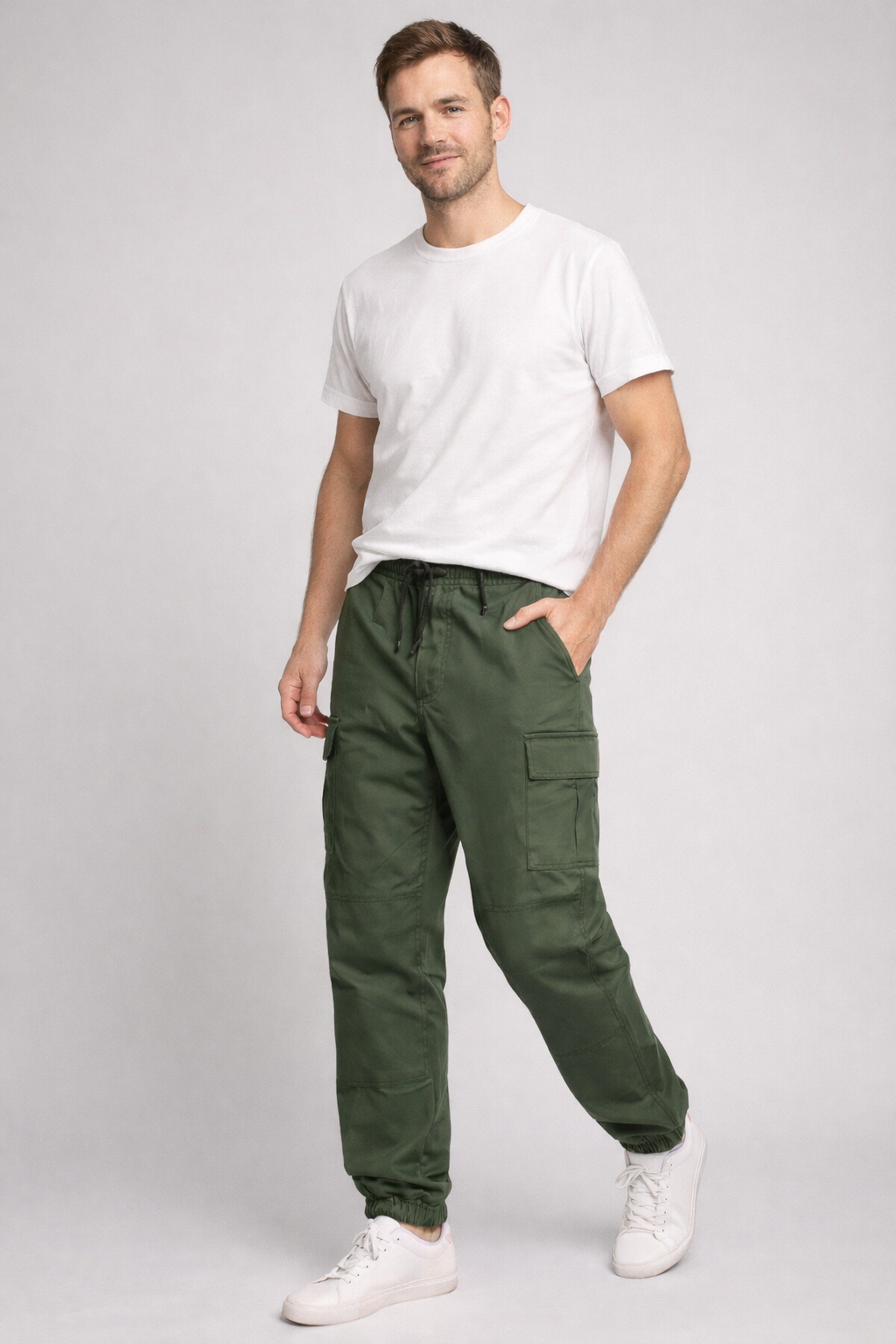 Green Lightweight Tapered Cargo Pants worn front view