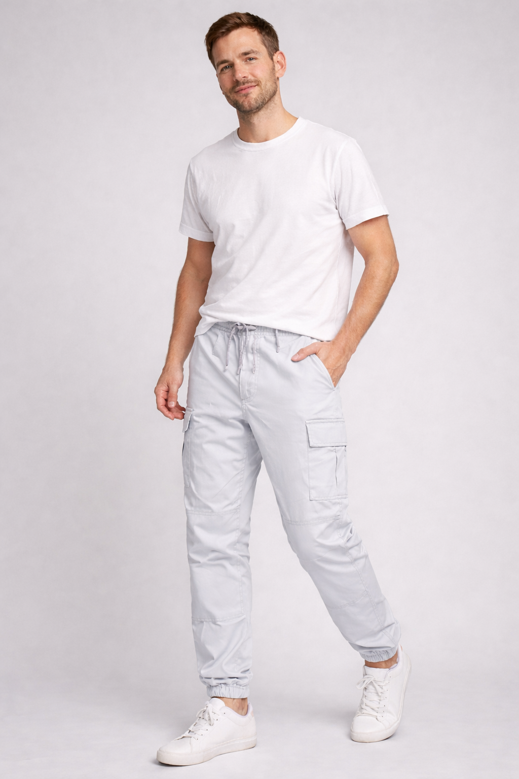 White Lightweight Tapered Cargo Pants worn front view