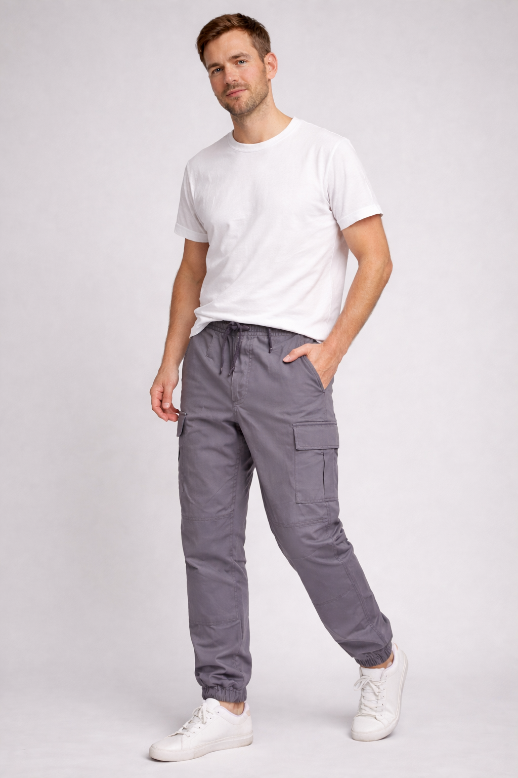 Gray Lightweight Tapered Cargo Pants worn front view